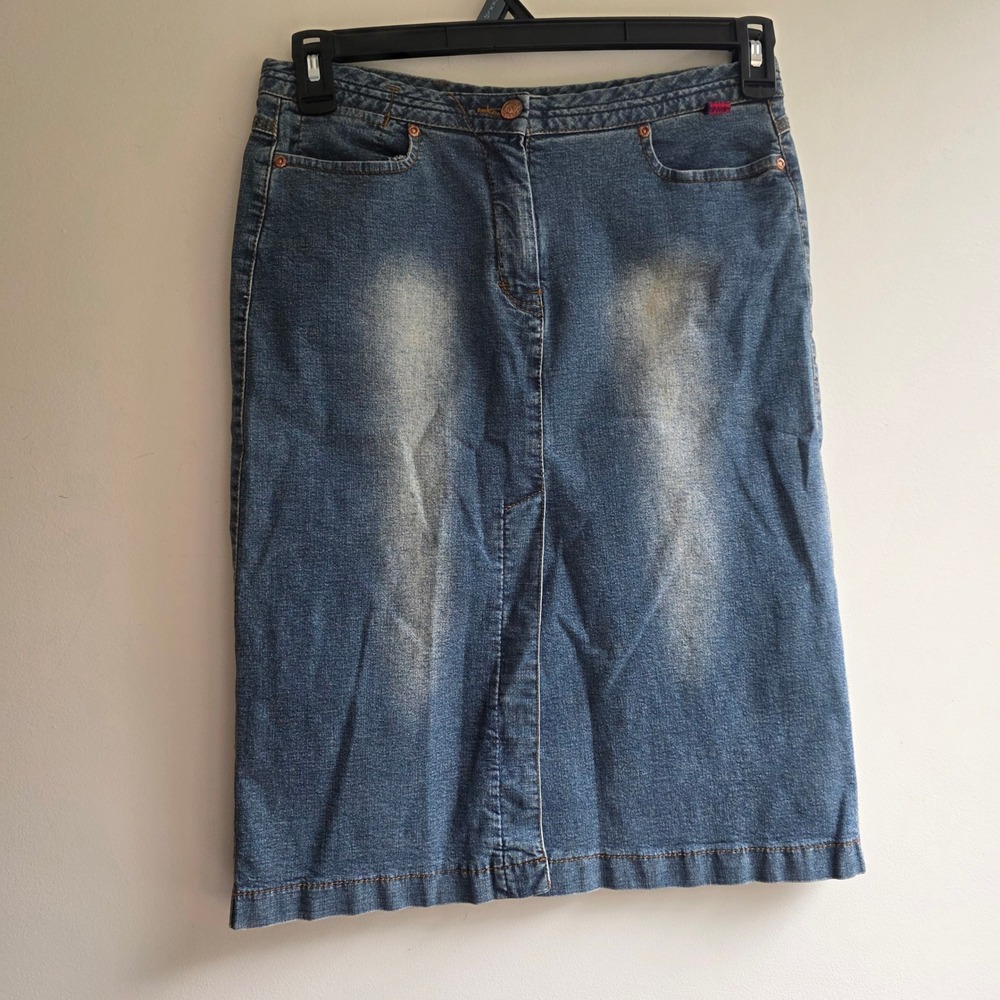 BCBG Max Azria Vintage Y2K Denim Midi Skirt Blue Wash Front Slit Size 6